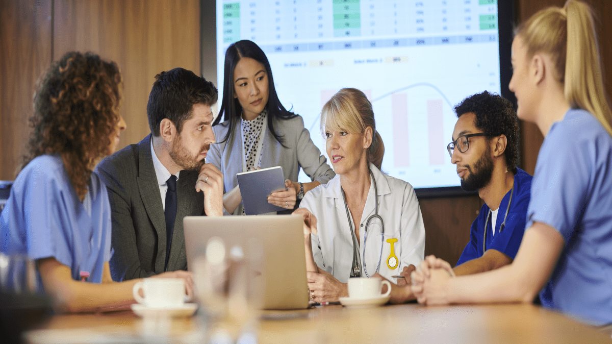 Hospital leaders reviewing their healthcare organization's strategy