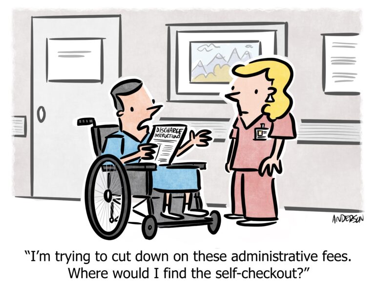 VIE Healthcare Why is my hospital bill so expensive Photo of a man in a wheelchair asking for the self checkout to minimize his administrative fees