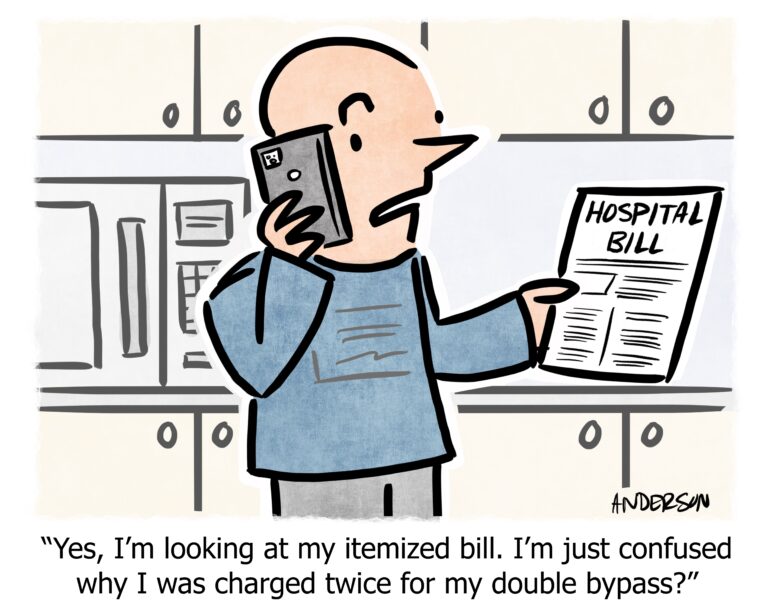 VIE Healthcare Why is my hospital bill so expensive Photo of a man looking at his bill while talking to a hospital about a double charge for a bypass